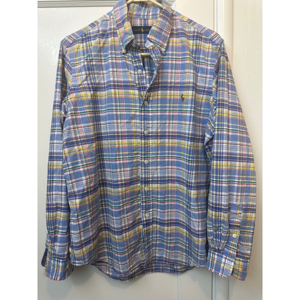 Ralph Lauren Mens Plaid Button Down Shirt Blue Yellow Green Cotton L Long Sleeve